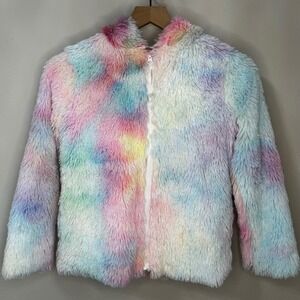 Zunie Girls Unicorn Faux Fur Rainbow‎ Tie Dye Hoodie Jacket Size M 10 12